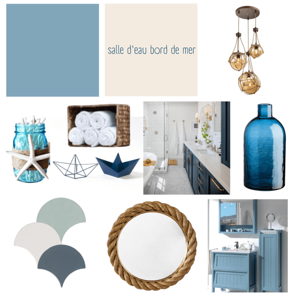 moodboard pour une salle de bain, d'inspiration bord de mer, avec des accessoires bleus rappelant l'océan