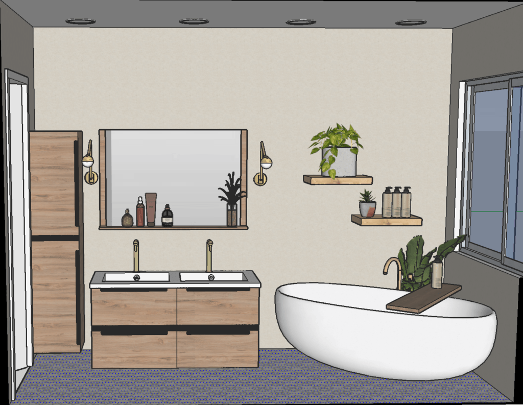 salle de bain - vue baignoire, meuble vasque et rangement