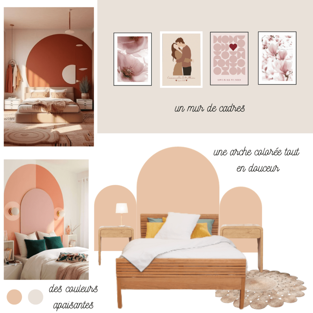 moodboard représentant la décoration pour la chambre d'un couple, dans les tons blancs, beige et rosé. Il ressort beaucoup de tendresse et de romantisme
