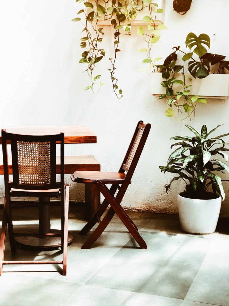 photo d'une cuisine, où nous voyons une table et des chaises en bois foncé, sur un sol et un mur blancs. Des plantes sont disposés au sol, et sur 2 étagères, à différentes hauteurs