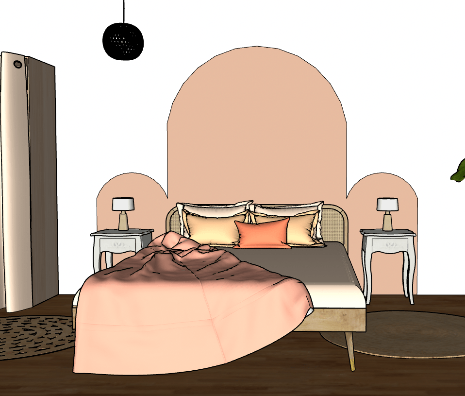vue 3D d'une chambre parentale. couleur pantone 2024