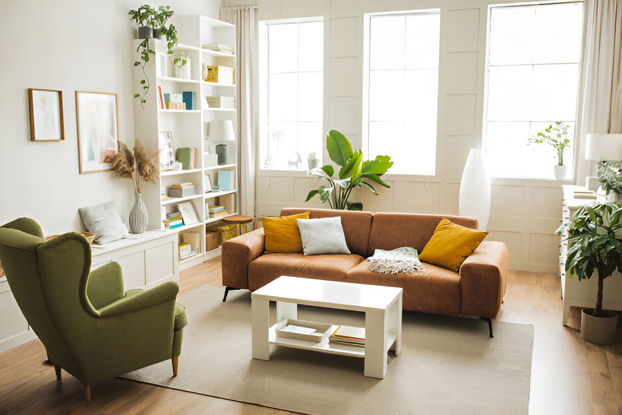 Exemple de rééquilibrage d’espace suivant ma méthode de travail : salon harmonieux et coloré pour favoriser bien-être et sérénité
