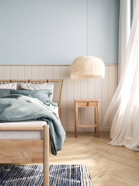 chambre apaisante aux tons bleu et rose poudré, évoquant la psychologie des couleurs et le bien-être intérieur