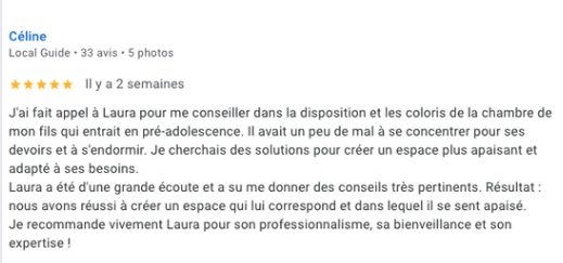 avis client d'une maman suite à une prestation de conseils sommeil. Colaurama a ré-aménager et décorer la chambre d'un pré-adolescent, son sommeil a été radicalement différent après, il dort enfin sans cauchemar 