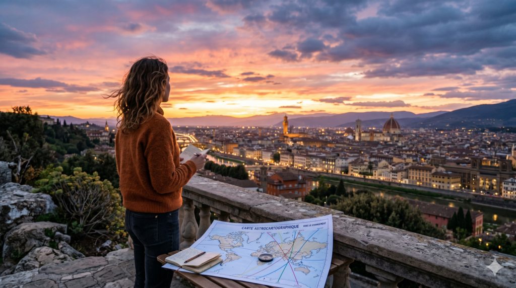 Femme contemplant une ville au coucher du soleil, symbolisant l’appel intérieur vers un nouveau lieu de vie en astrocartographie.