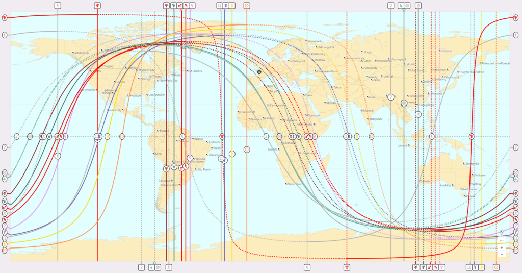 Carte mondiale d’astrocartographie montrant les lignes planétaires utilisées pour choisir un lieu de vie aligné avec son thème astral