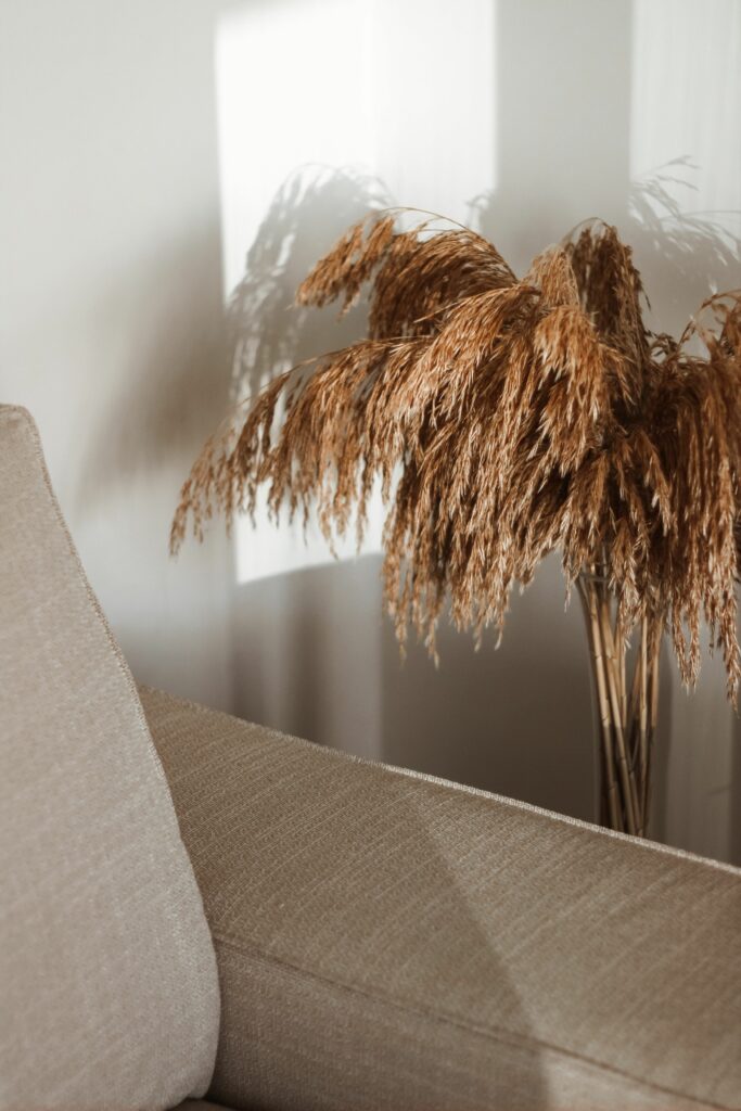 Détail de canapé en tissu beige avec coussins neutres — textures et matières dans un intérieur monochrome