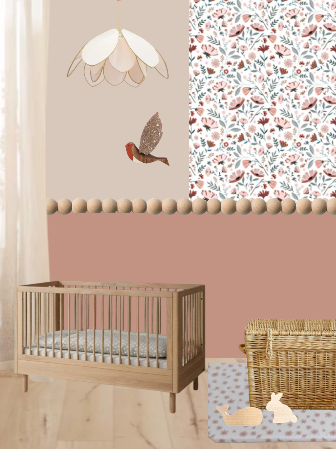 Moodboard chambre enfant réalisé par Laura Heslop thérapeute de l'habitat — mur beige qui met en valeur des couleurs choisies avec intention